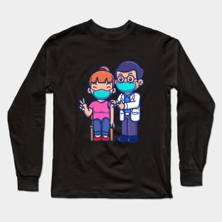 Cute Doctor Injecting Female Patient Cartoon Long Sleeve T-Shirt